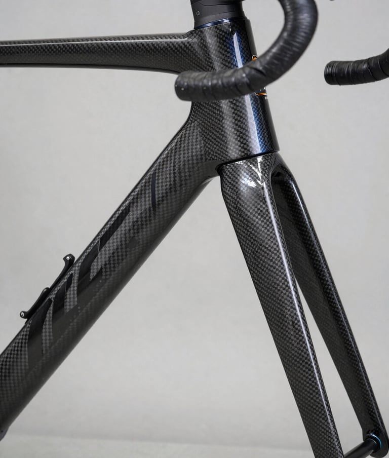 Detailed shot of a carbon fiber racing bicycle frame showing sharp geometric patterns and sophisticated engineering, professional lighting, charcoal black and steel blue palette, Western / International context.