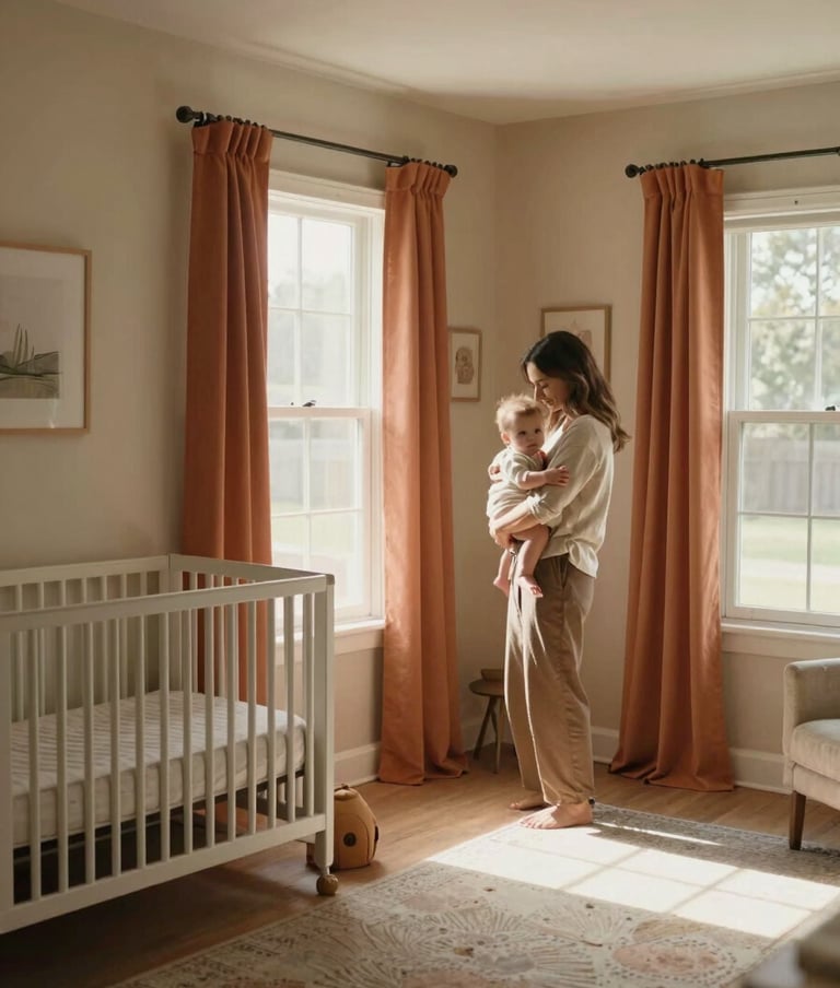 A wide, sun-drenched photography shot of a North American / US nursery. A mother is seen in a candid moment, rocking a baby near a window. The room features Soft Sand walls and warm Terracotta textiles. The style is intimate and cinematic, emphasizing authentic lifestyle storytelling.