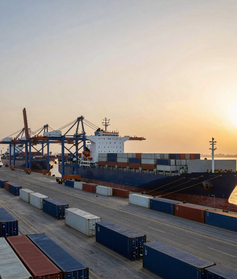 A wide-angle professional photograph of a bustling modern port in the Middle East during the golden hour. Large cargo ships are docked near rows of dark blue and white containers, with the sunset casting a warm golden glow over the scene.