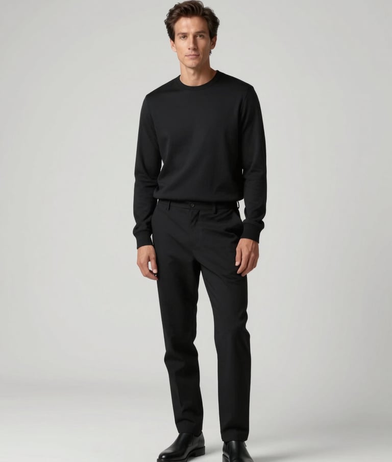 A sophisticated full-body portrait of a professional in a minimalist North American studio. Soft, diffused lighting against a clean white backdrop. The subject is wearing premium black attire, exuding an Apple-style aesthetic.