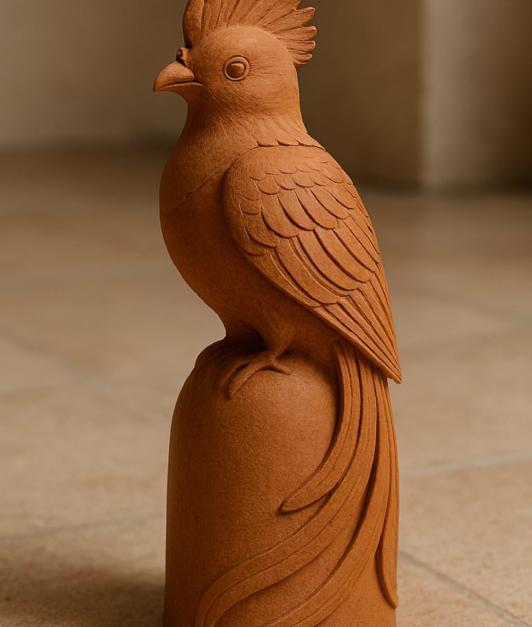 a clay bird sitting on top of a clay pot