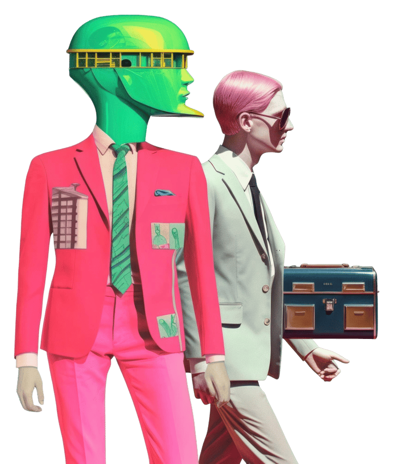 Abstraktes und Kunstvolles Bild von 2 Mönnern, einer hat einen Koffer der andere einen grünen Bus