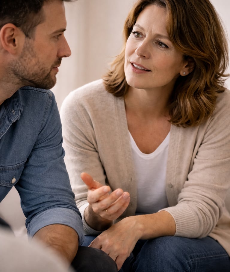 A woman talking to her partner during a serious conversation or couples therapy session.