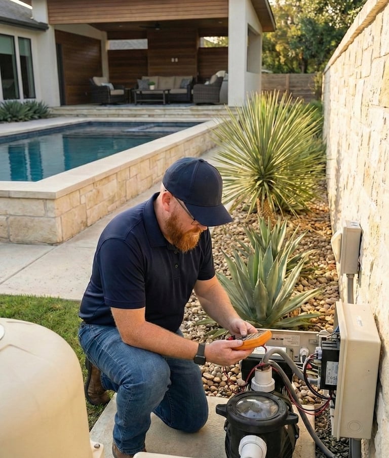 Pool technician testing pool pump electrical components.