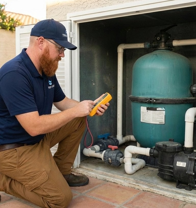Pool technician completing a pool filter diagnosis evaluating circulation and filtration system
