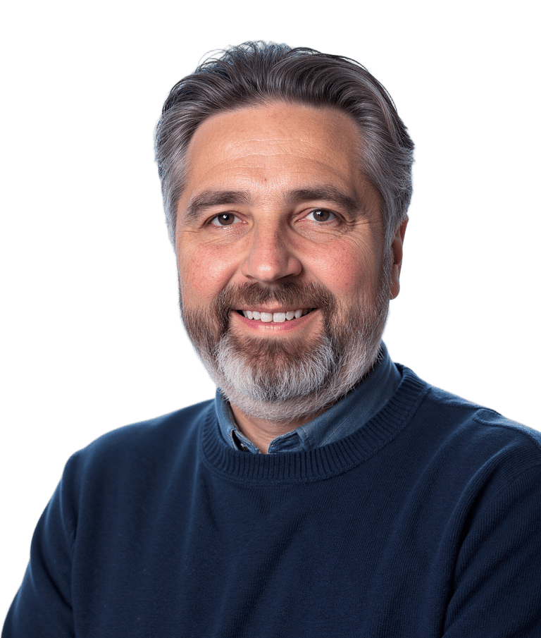 Author Galen Manning in blue sweater