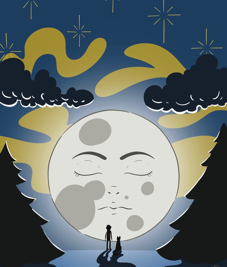 Une femme et son chien face à la pleine lune