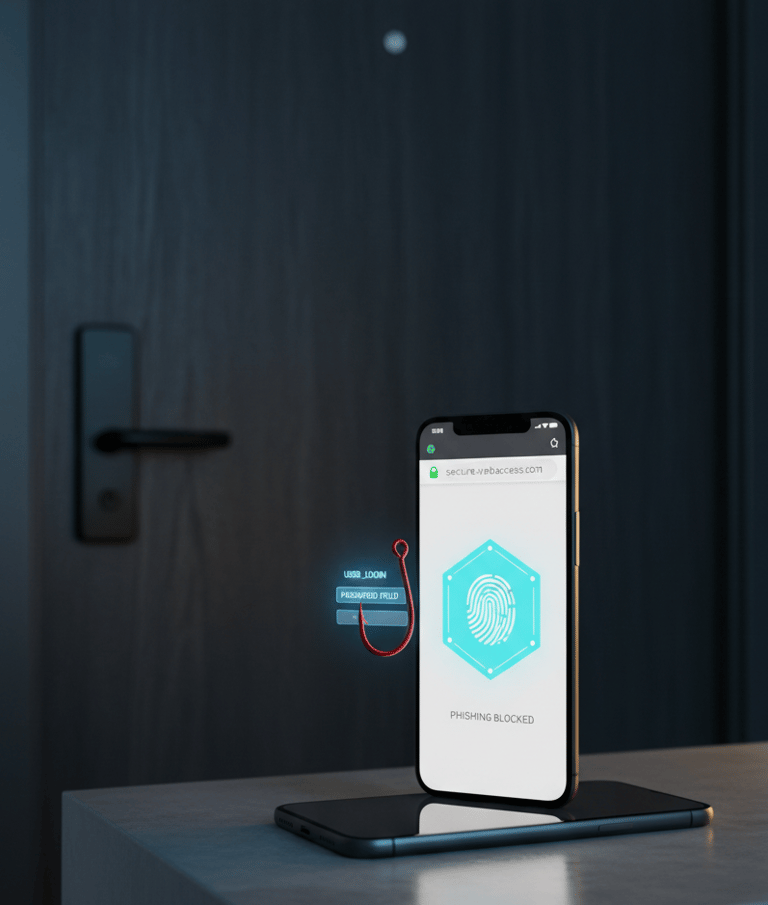 A red phishing hook hovers by a phone showing a fake login, while a glowing biometric shield blocks