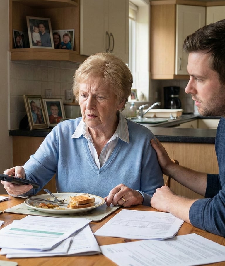Elderly woman struggling with memory and daily tasks as a caregiver supports her at the kitchen table.