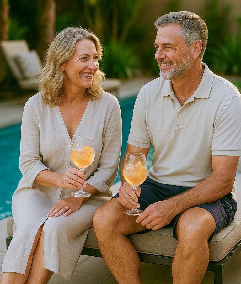Smiling couple by pool during sunset, representing client satisfaction and Piscus Pools' $200 referral program