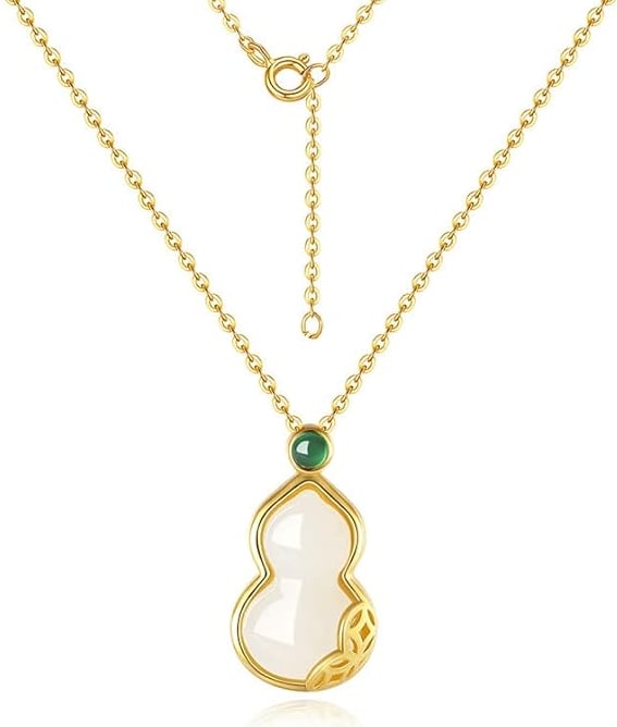 14K Gold Natural Jade Necklace, Good Luck Gourd Jade Necklace 