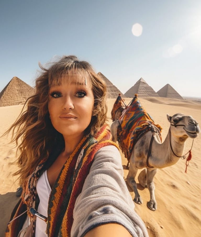 author of happy and human blog, behind her is a camel 