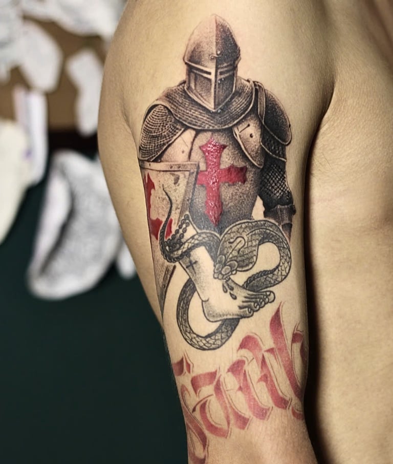Red and black knight tattoo, realism and dotwork style, cross on chest, upper arm.