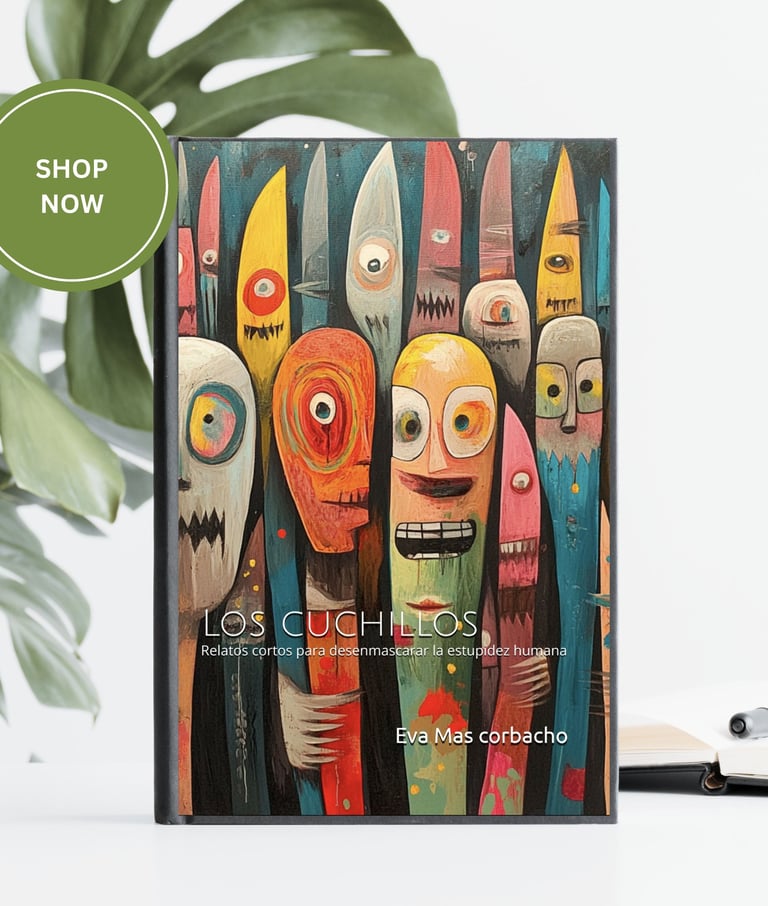 Portada del libro "Los Cuchillos" de Eva Mas Corbacho. Ilustración expresionista con cuchillos antro