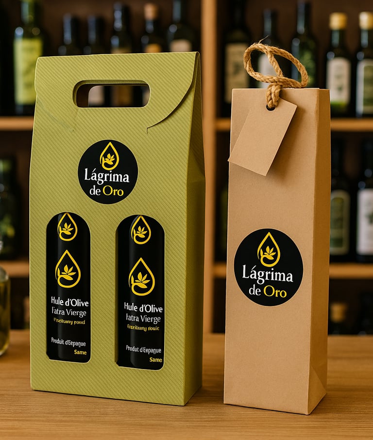 des colis cadeaux bouteilles d'huiles d'olive extra vierge lagrima de oro