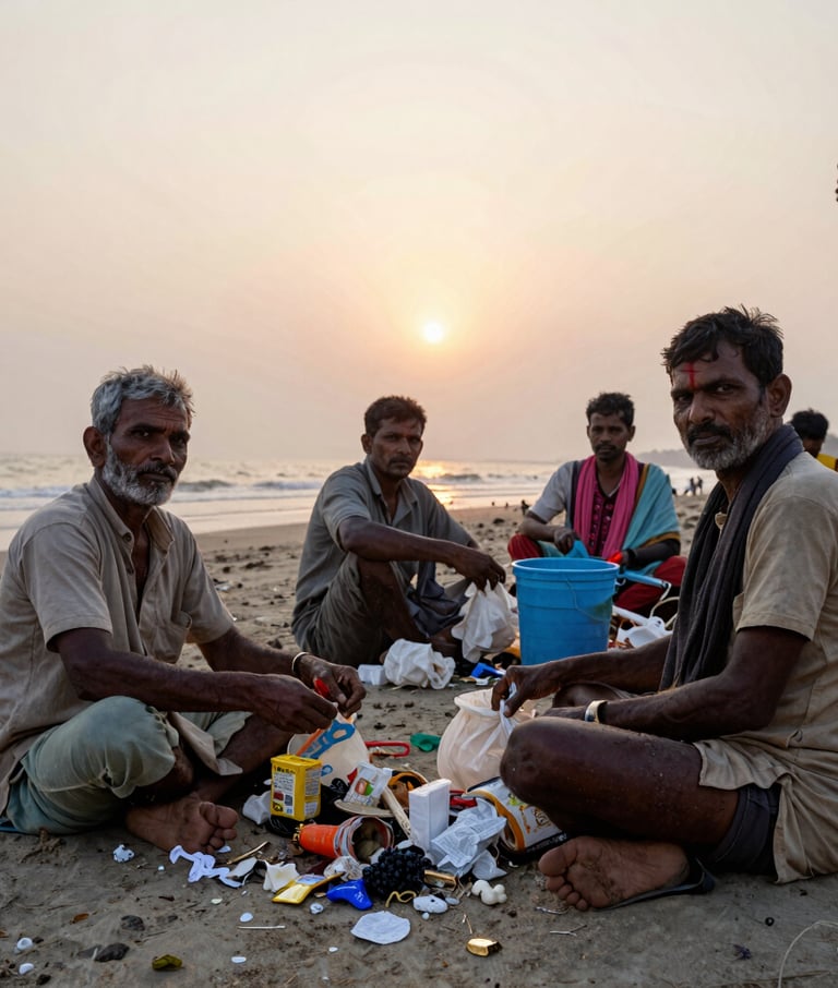 A group of women artisans proudly displaying their handcrafted goods in a lively community market.