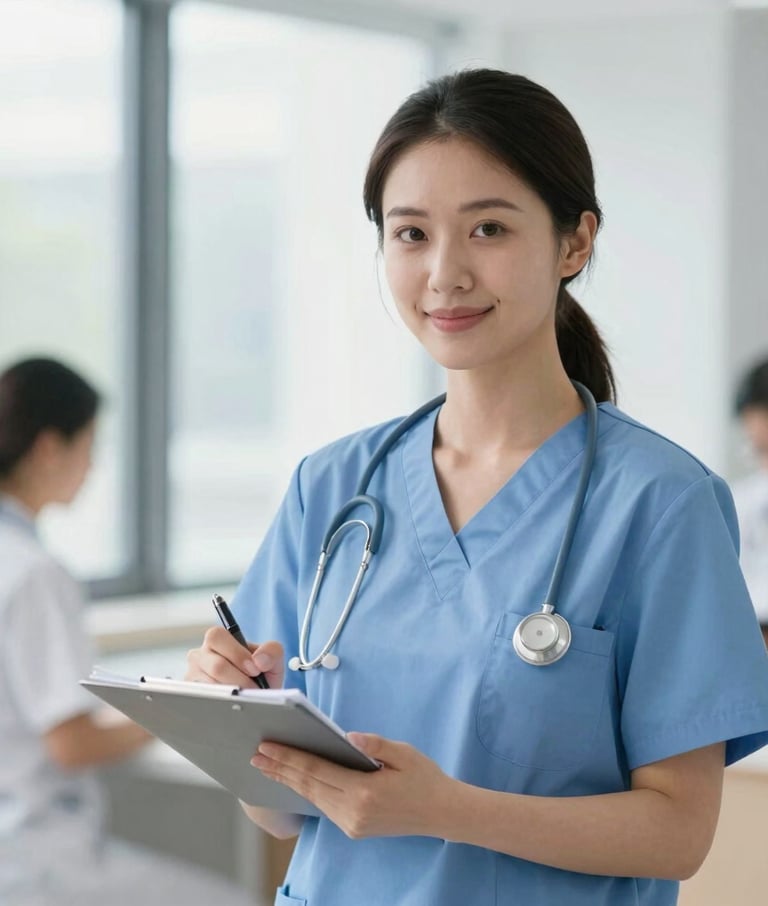 A bright environmental portrait of a nursing professional in clean scrubs taking notes during a clinical lecture, natural window light, shallow depth of field.
