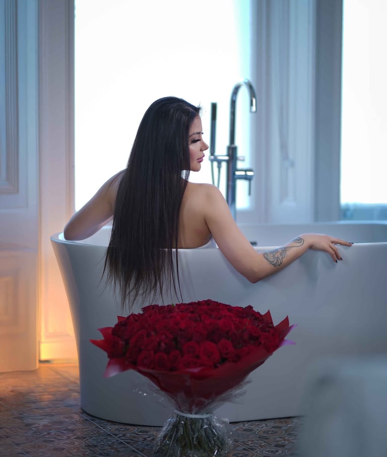 Woman in bathtub with red roses, birthday photoshoot, shot by Fred Art Studio