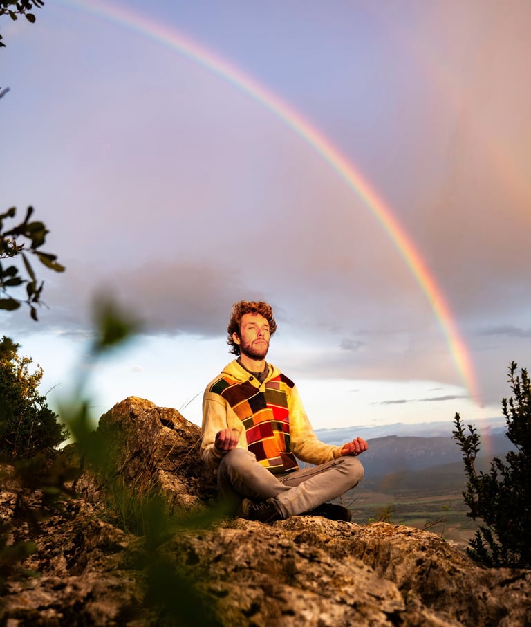 Monsieur Rêve pratique la méditation de pleine conscience au sommet d'une montagne rocheuse