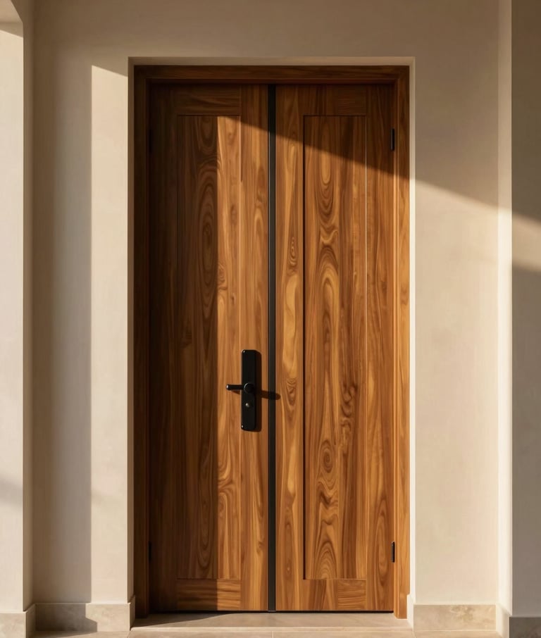 Straight-on architectural photography of a towering luxury interior door, rich wood-grain polymer texture, warm golden-hour light casting long shadows in a minimalist Saudi villa hallway.