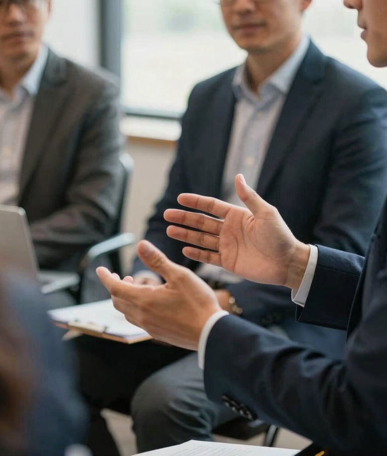 A close-up of a corporate leader facilitating a collaborative workshop, hands gesturing naturally, warm daylight, professional candid