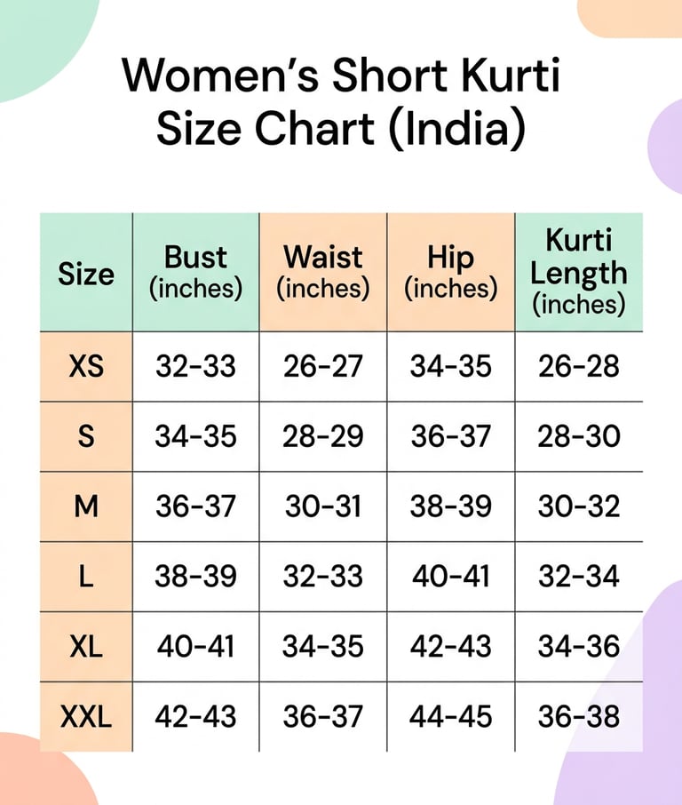 short kurti size chart