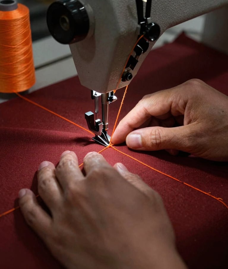 Close-up 35mm warm industrial photograph of hands guiding heavy canvas under a sewing machine needle, bright safety-orange thread stitching a clean seam, high-contrast workshop lighting.