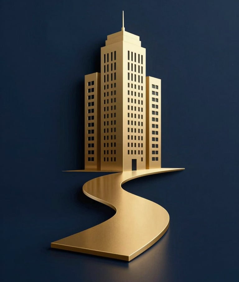 A sophisticated logo-style image of a gold stylized path leading towards a modern high-rise building silhouette, set against a dark navy blue background, reflecting professional real estate consultancy.