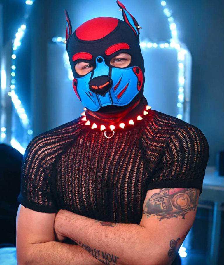 A man in a pup mask with a light-up collar.