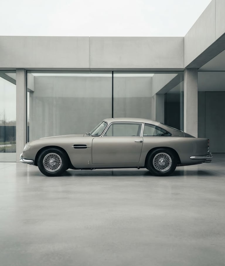 Profil latéral d'une voiture de sport classique, élégante et intemporelle, dans un studio automobile moderne avec un éclairage diffus et doux, des tons métalliques désaturés, un arrière-plan architectural propre.