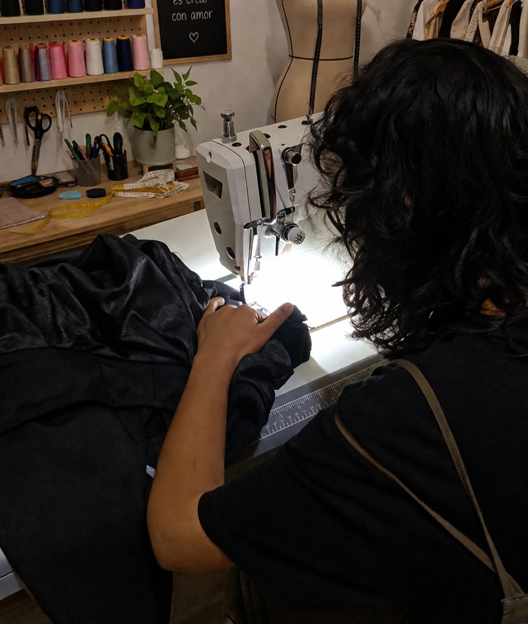 Mujer cosiendo a máquina en taller de costura de la tienda viento luminiscente de ropa artesanal boho, bohemio hippie