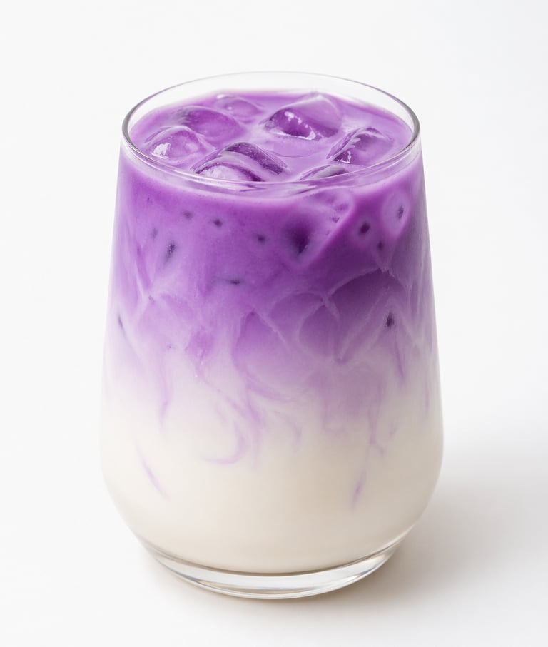 Layered iced ube latte with purple yam swirl and milk in a glass over a white background.