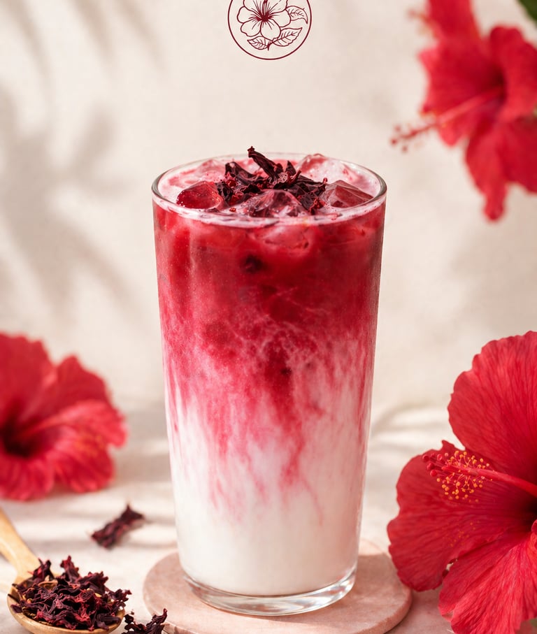 Iced hibiscus latte with red herbal tea swirls and coconut milk garnished with dried petals.