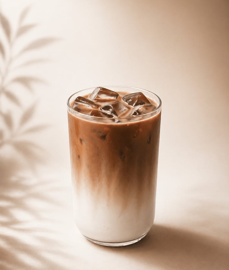 Iced coffee latte with milk and ice cubes in a glass on a beige background with leaf shadows.