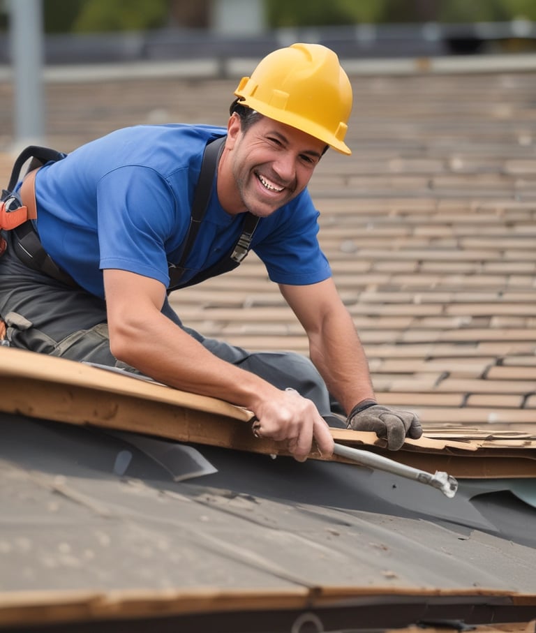 Smiling professional roofer in a yellow hard hat installing asphalt shingles on a residential roof.