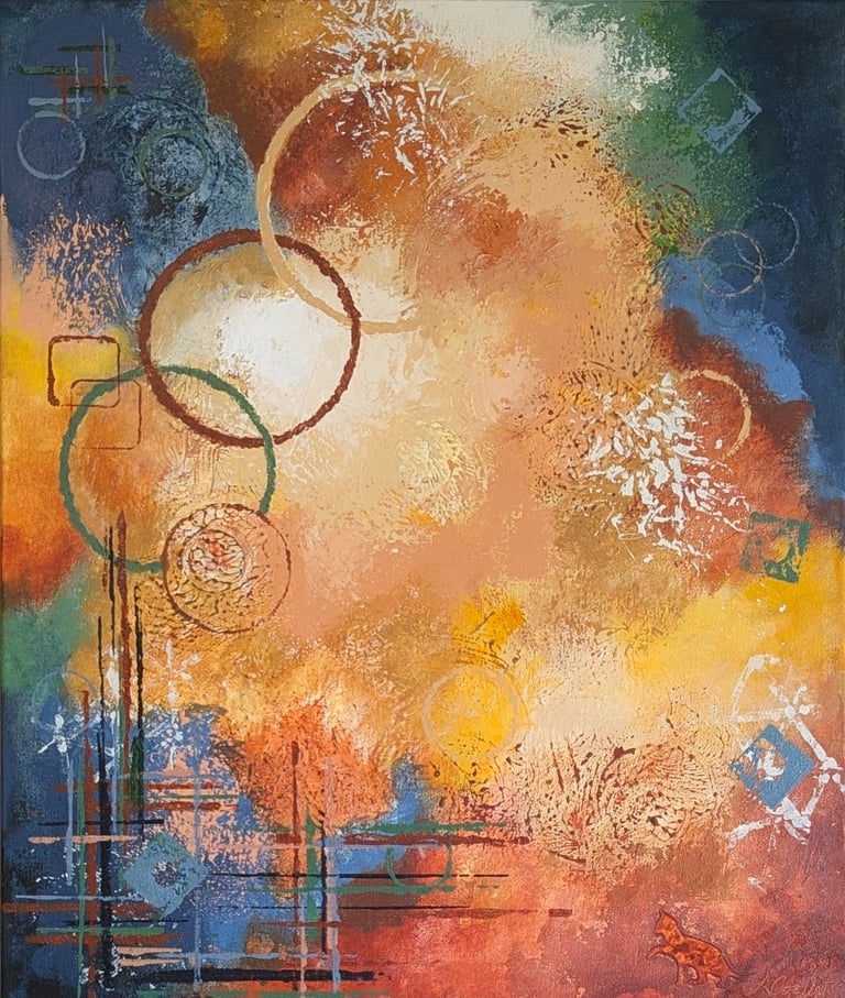 Abstract mixed media painting in rich ochre, deep blue, warm rust, and muted green.