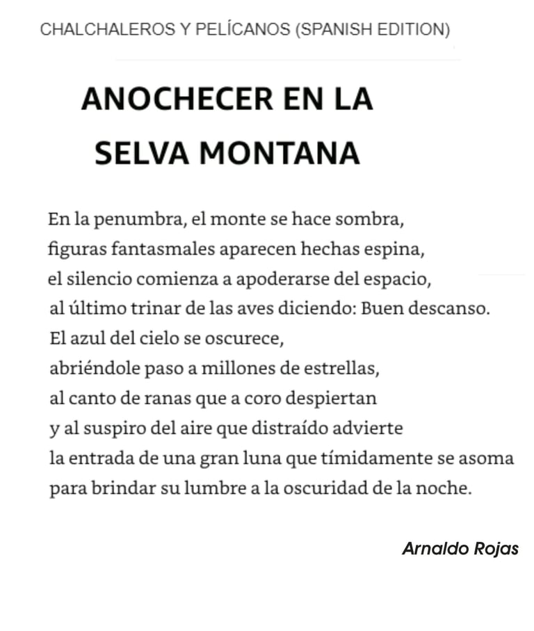 Poema "Anochecer en La Selva Montana" de Arnaldo Rojas