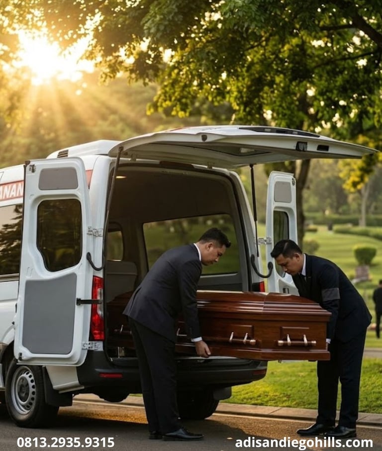 Petugas layanan kedukaan darurat menurunkan peti mati dari mobil jenazah San Diego Hills Karawang.
