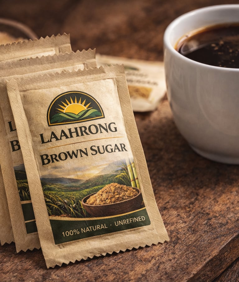 Laahrong brown sugar sachets with coffee cup, convenient single-use natural brown sugar for travel a