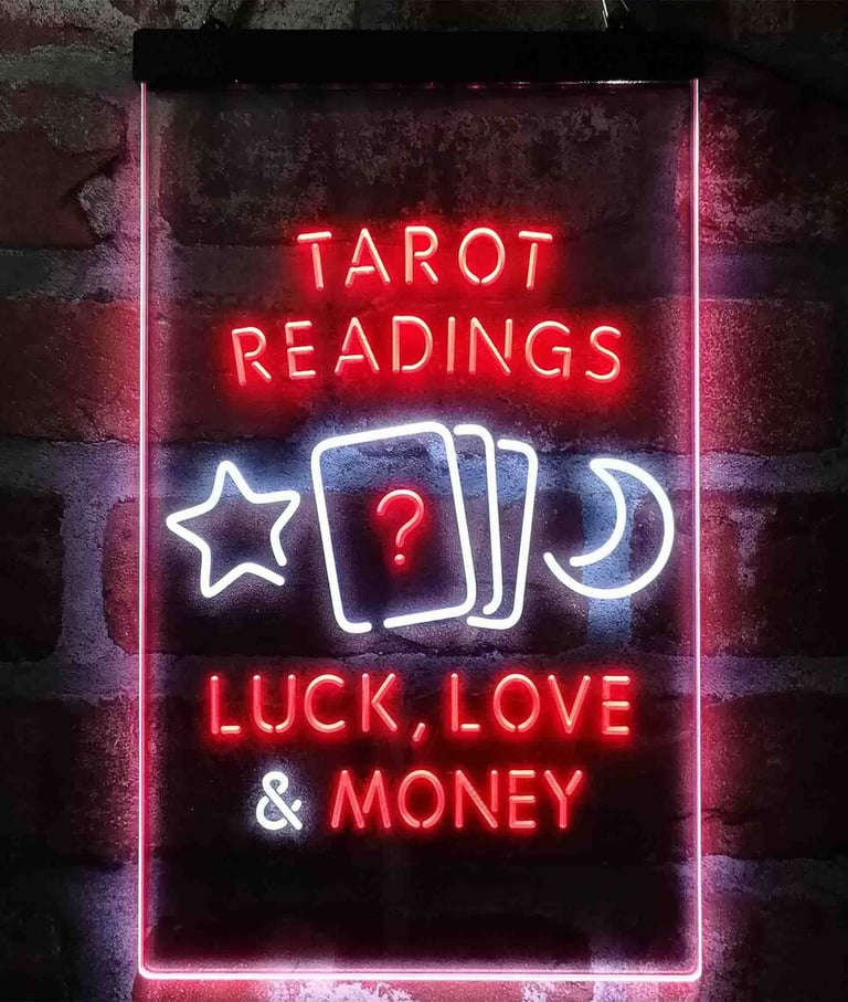 a neon - lit sign with a neon sign reading'tarot readings' luck, love, and wealth
