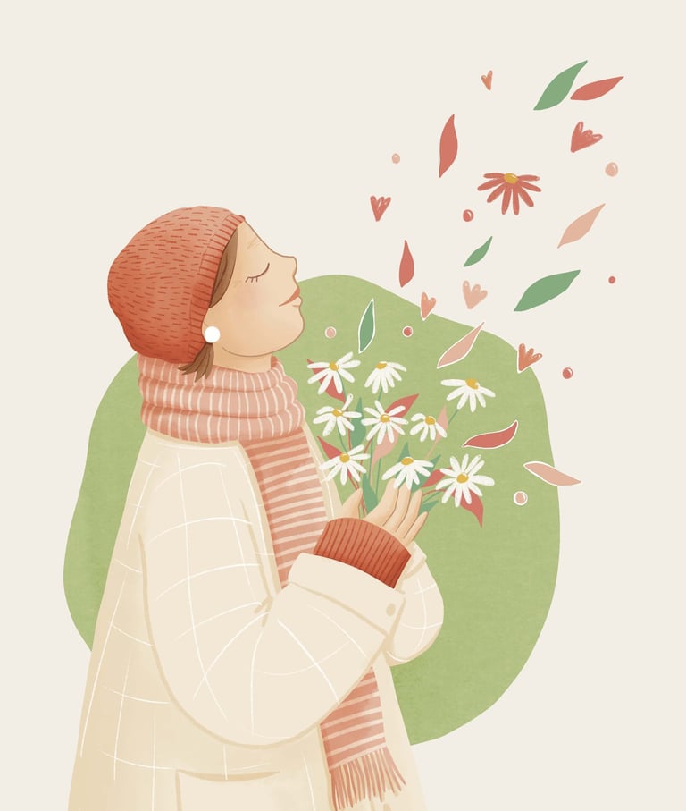 a woman in a white coat and a hat, breathing flowers 