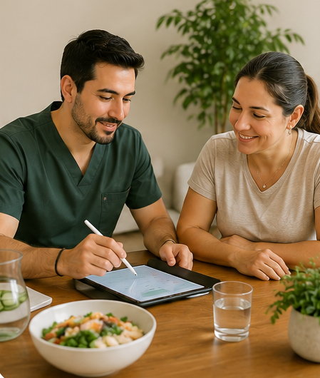 Nutriólogo personalizando plan de alimentación para tratar dislipidemias para su paciente