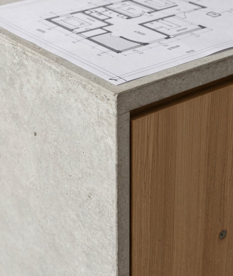 Technical architectural blueprint of the same kitchen island detailing joint connections and precise millimeter measurements, clean black lines on off-white paper