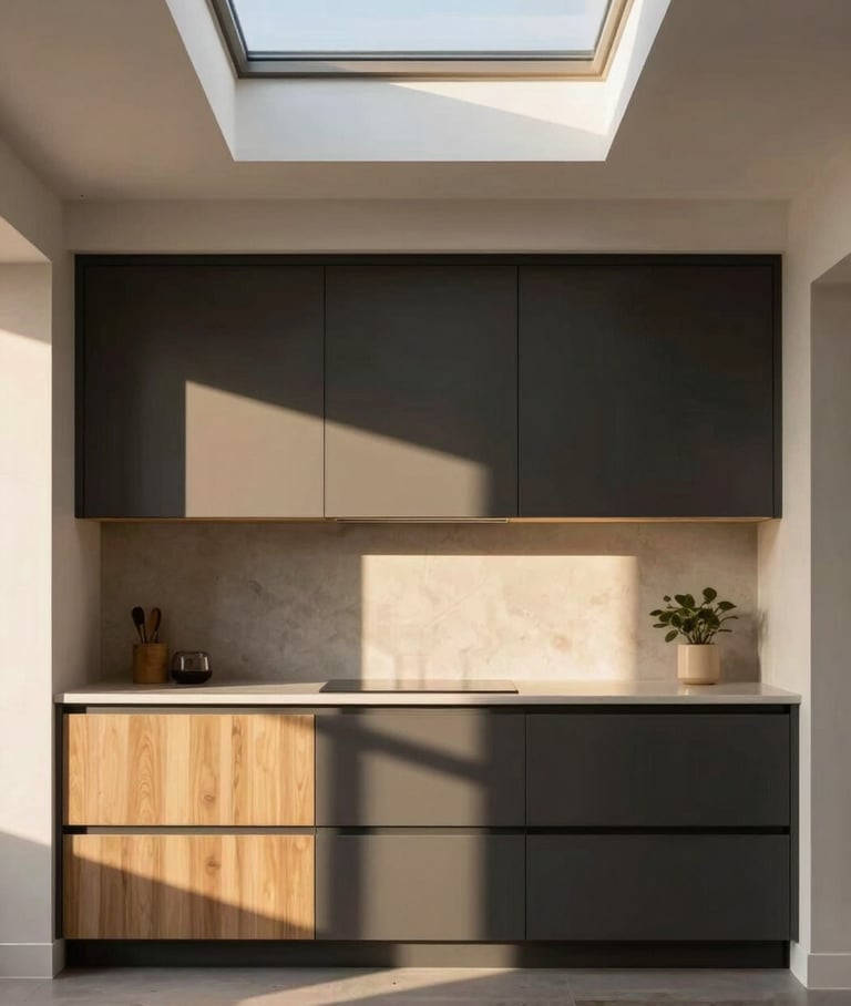 Interior view of a minimalist ADU kitchen with matte charcoal cabinetry, oak accents, and bright morning sun streaming through a skylight