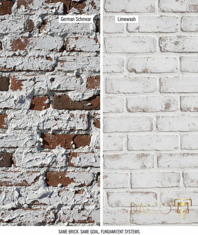 A side-by-side visual comparison showing the textured German Schmear technique versus a smooth Limewash finish on red brick.