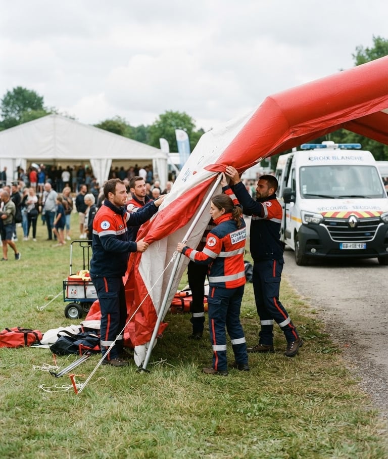 Équipe de secouristes de la Croix Blanche de Loon-Plage en uniforme, déployant une tente de secours sur un événement en extérieur, avec un véhicule d'intervention en arrière-plan, sous un ciel couvert naturel.