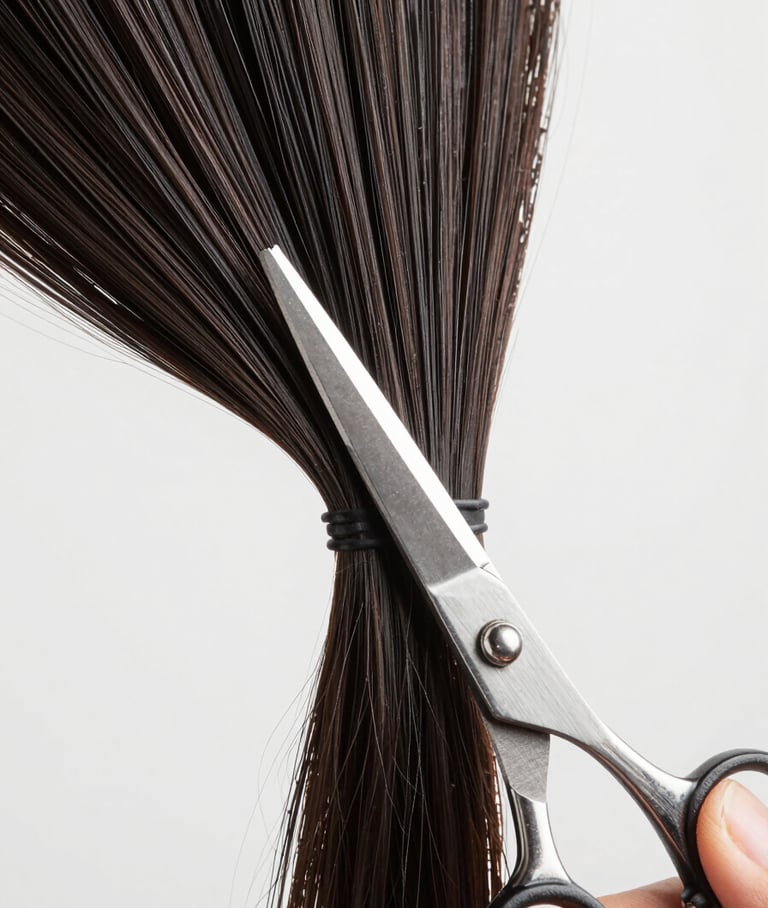 Macro studio shot of steel shears sectioning dark hair with clinical precision, bright daylight, cool tones, sharp focus