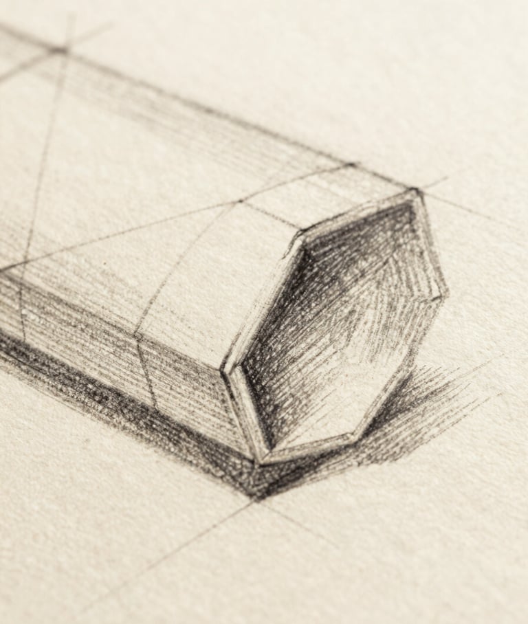 Macro close-up of a detailed pencil sketch on cream paper, showing graphite lines, shading, and rough layout guides, warm studio light