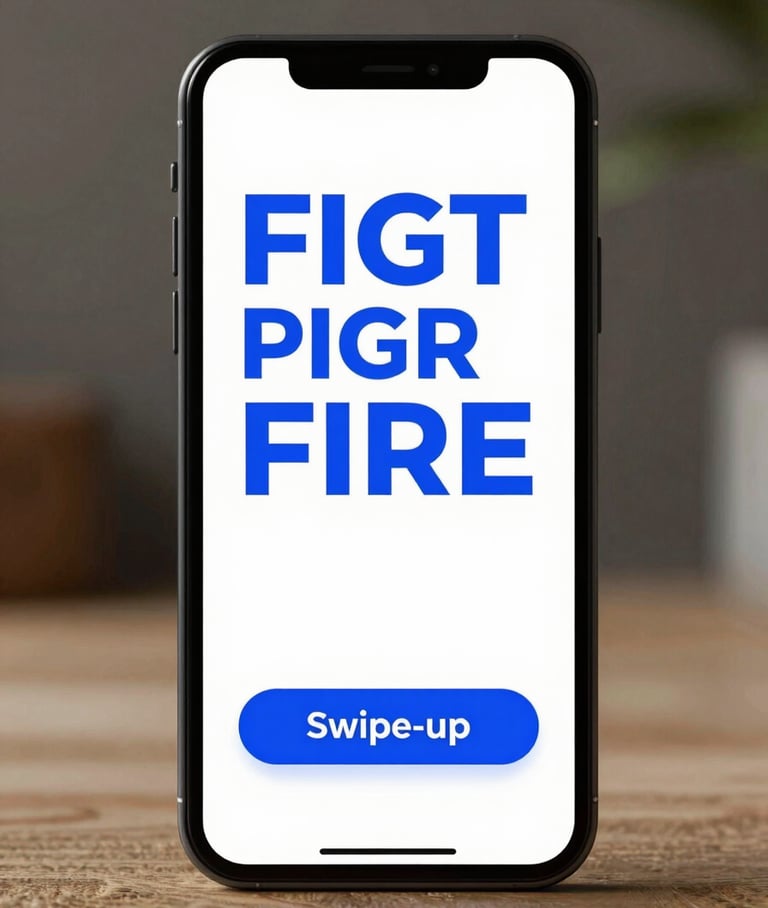 A crisp smartphone mockup displaying a vertical Instagram story ad with bold blue typography and a swipe-up retail offer.