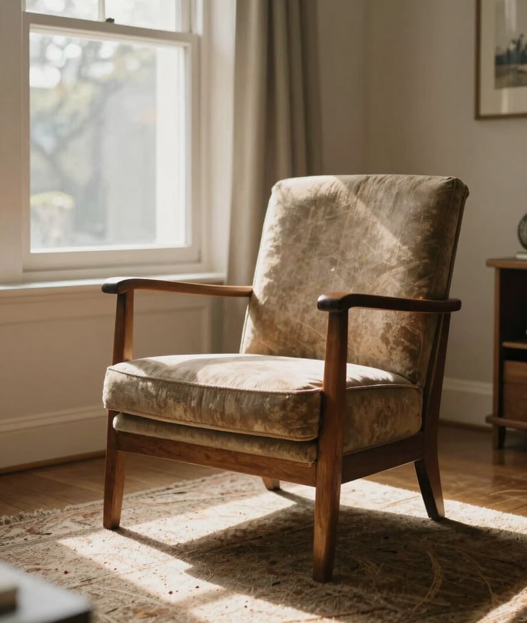Warm, sun-drenched living room with a worn wooden armchair, soft natural light streaming through a window onto a textured rug.